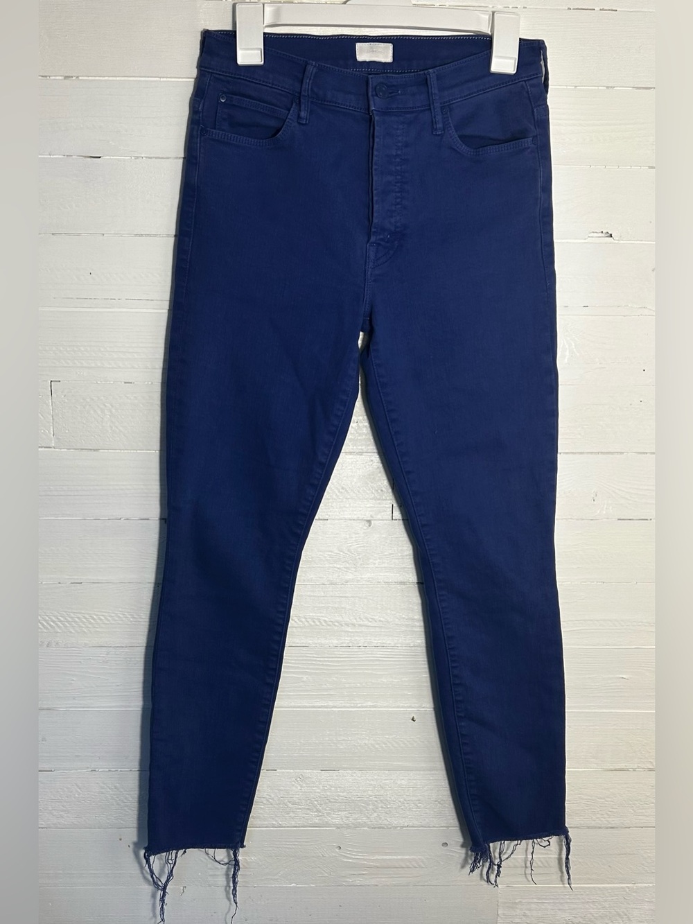 MOTHER The Stunner Ankle Fray Jeans Size 28 Skinny Raw Hem, bright blue.